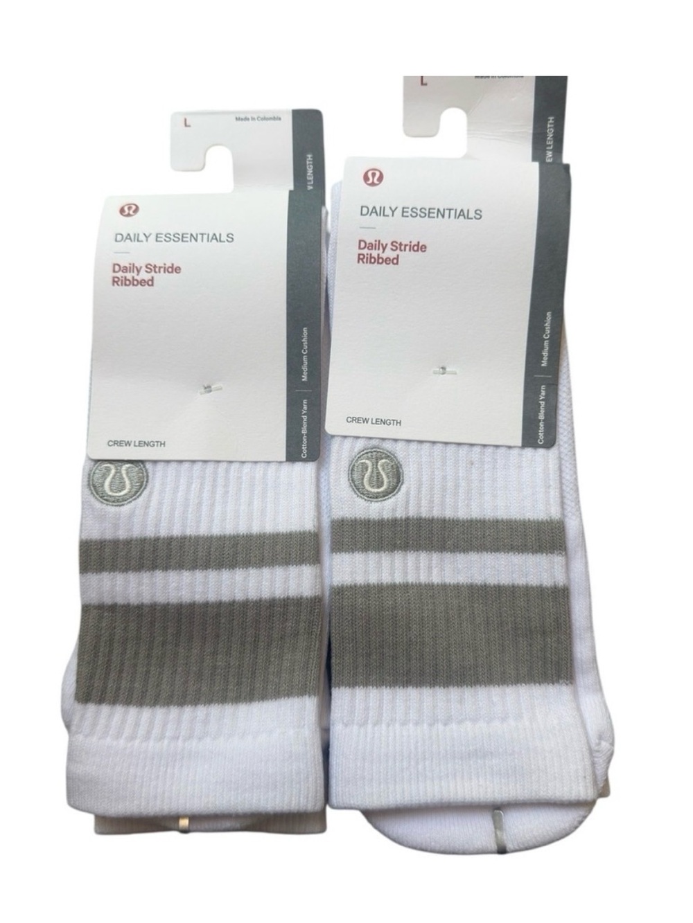 2 Pair lululemon athletica Daily Essentials Ribbed Crew Socks in White & Gray